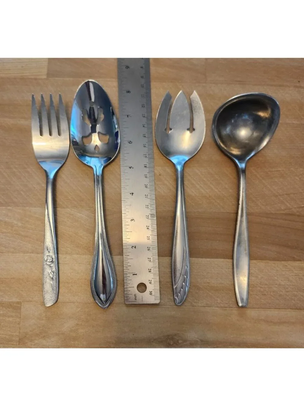 Set of 4 Mismatched Stainless Steel Serving Utensils Slotted Spoon, Forks, Ladle